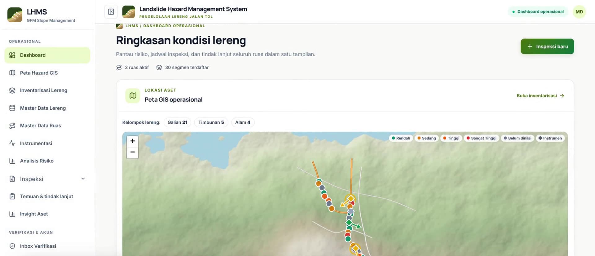 Dashboard LHMS: ringkasan kondisi lereng dengan peta GIS operasional berwarna sesuai tingkat risiko